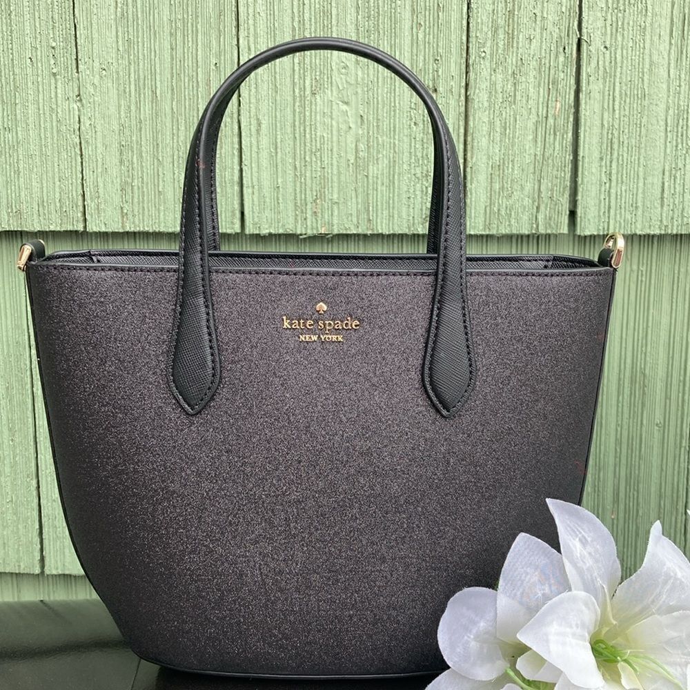 Kate Spade Purse Black Glimmer Glitter Satchel Crossbody Hand Bag